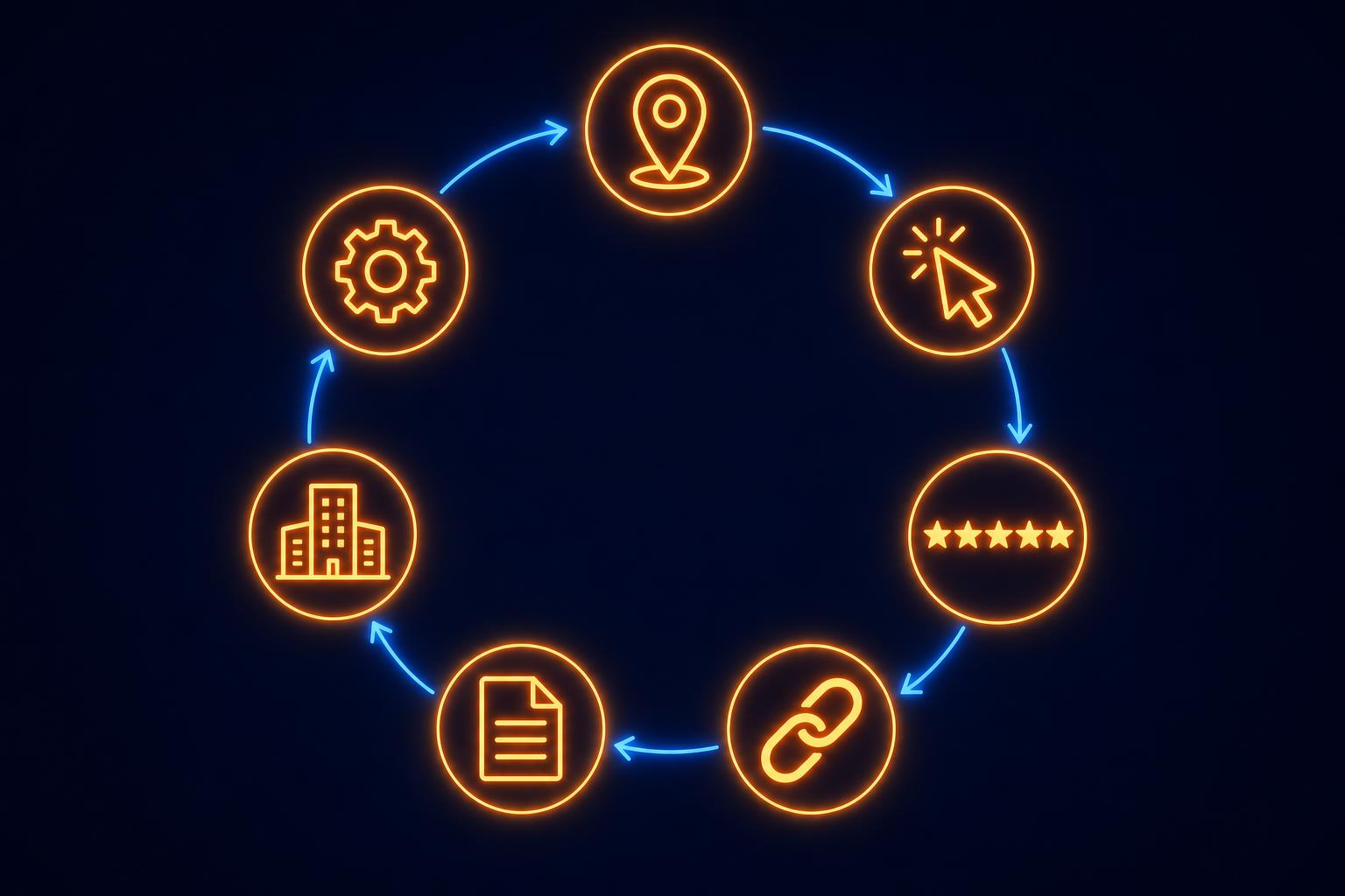 Diagram of the local SEO flywheel showing seven signal categories (geographic footprint, behavioral engagement, reviews, local links, content localization, multi-location, technical) connected in a circle