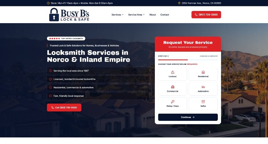 Example trades website designed by Stuart McHenry — locksmith homepage with local hero, service request form, and phone-first CTA