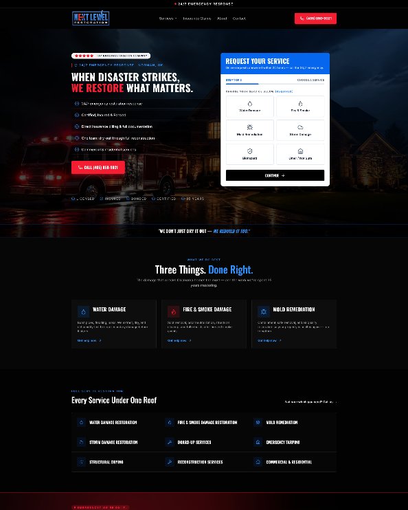 Next Level Restoration — Water · Fire · Mold website designed by Stuart McHenry