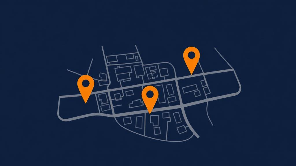 Town map with orange location pins on multiple neighborhoods