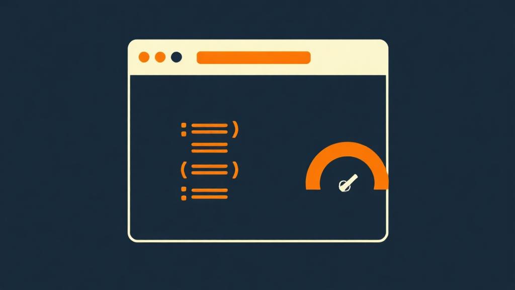 Browser window with code brackets and a speed gauge